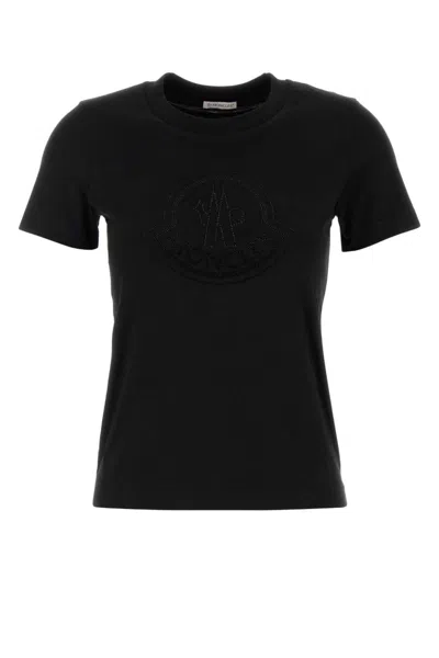 Moncler Women Black T-shirt With Rhinestone Logo In Cotton Woman In Black
