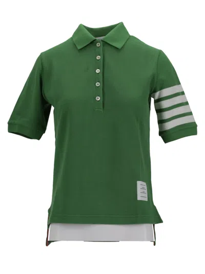 Thom Browne Striped Sleeve Detail Polo Top With Side Slits In Green