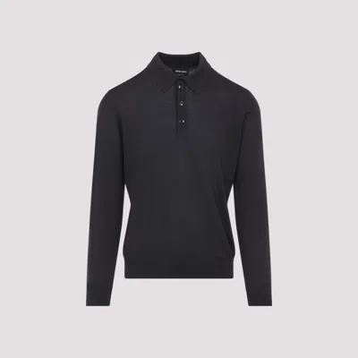 Giorgio Armani Dark Grey Wool Sweater With Polo Collar In Black