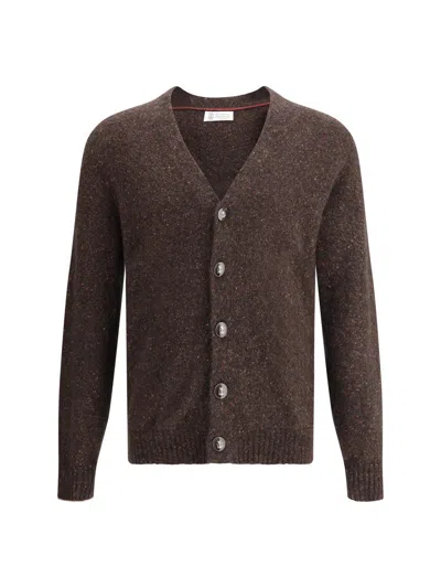 Brunello Cucinelli Dark Brown V-necked Cardigan In Brown
