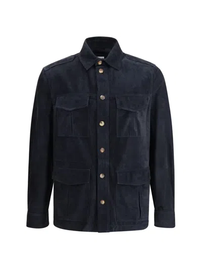 Brunello Cucinelli Suede Leather Shirt Jacket In Blue