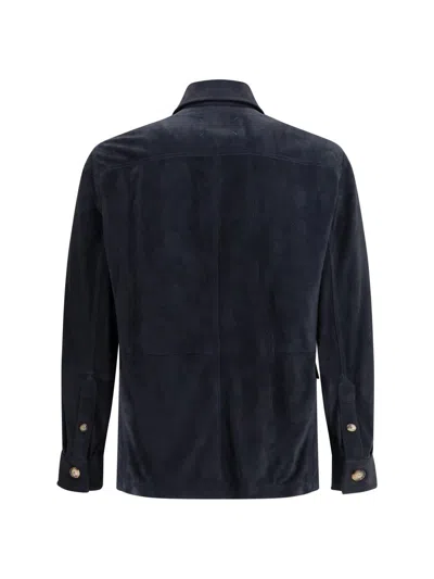 Brunello Cucinelli Suede Leather Shirt Jacket In Blue