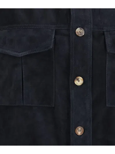 Brunello Cucinelli Suede Leather Shirt Jacket In Blue