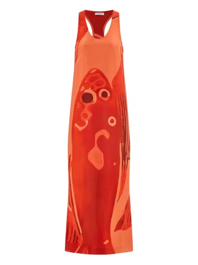 Ferragamo Carp-motif Silk Maxi Dress