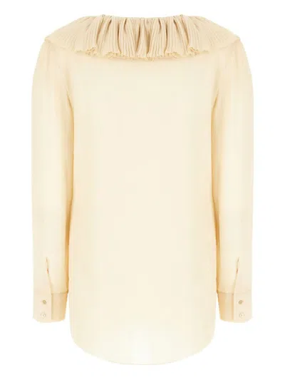 Saint Laurent Beige Blouse With V Neck And Ruffles On Front And Rear In Silk Woman In Brown