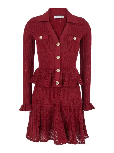 Self-portrait Self Portrait Women Burgundy Pointelle Knit Long-sleeved Mini Dress In Burgundy