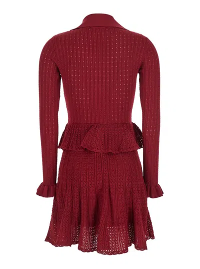 Self-portrait Self Portrait Women Burgundy Pointelle Knit Long-sleeved Mini Dress In Burgundy