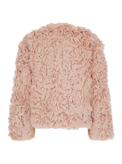 Plain Collarless Lamb Fur Jacket In Pink