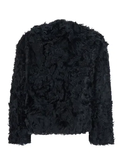 Plain Collarless Lamb Fur Jacket In Black
