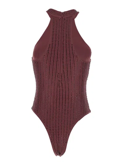 Venuja High-neck Embellished Swimsuit In Burgundy