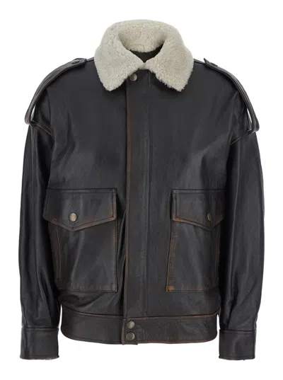 Semicouture Lapel Leather Jacket In Black
