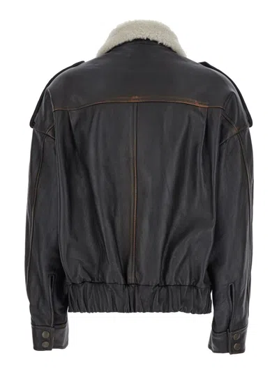 Semicouture Lapel Leather Jacket In Black