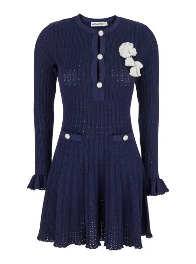 Self-portrait Abito Mini Navy Pointelle Knit Crochet Flower In Blue