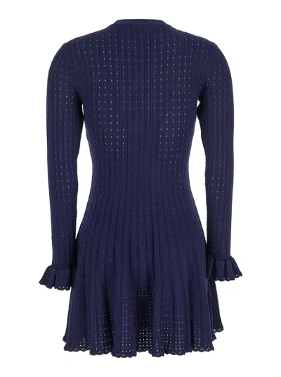 Self-portrait Abito Mini Navy Pointelle Knit Crochet Flower In Blue