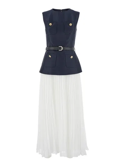 Self-portrait Womens Pleated Sleeveless Woven Midi Dress Blue In Blue