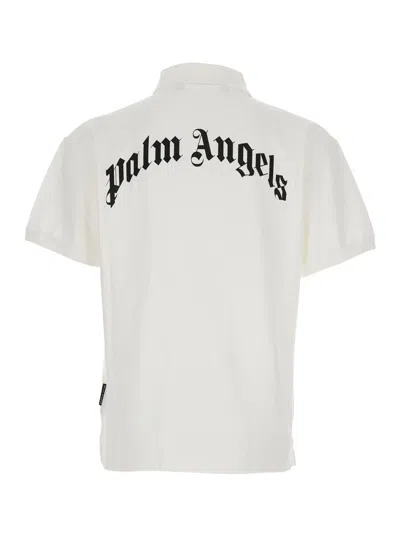 Palm Angels White Polo Shirt With Classic Collar And Logo On The Front In Metallic