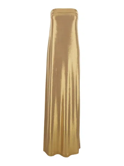 Norma Kamali Strapless Tailored Side Slit Gown In Gold