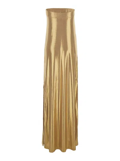 Norma Kamali Strapless Tailored Side Slit Gown In Gold