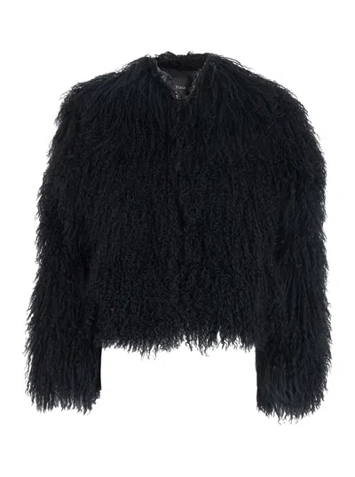 Plain Black Cropped Fur Jacket With Concealed Front Closure In Blue