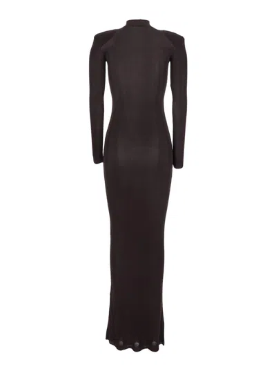 Self-portrait Brown Turtleneck Long Dress With Shoulder Pads In Viscose Woman In Black