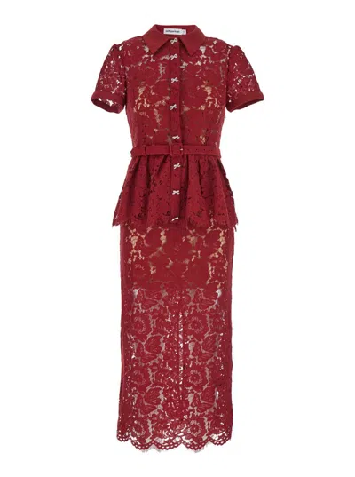 Self-portrait Bordeaux Lace Peplum Midi Dress In Burgundy