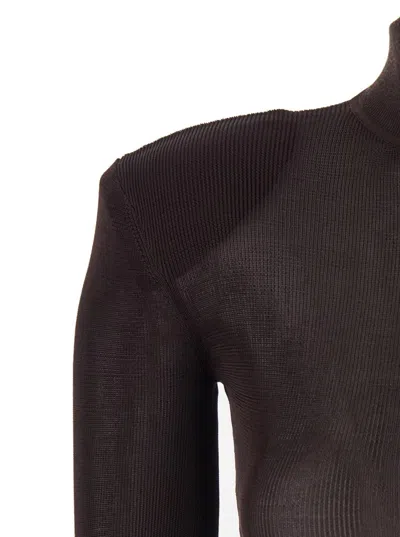 Self-portrait Brown Turtleneck Long Dress With Shoulder Pads In Viscose Woman In Black
