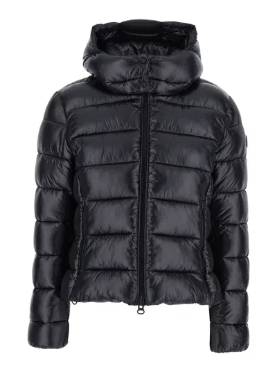 Save The Duck 'cosmary' Black Down Jacket With Removable Hood And Logo Patch On The Sleeve In Black