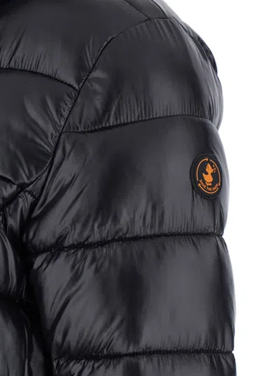 Save The Duck 'cosmary' Black Down Jacket With Removable Hood And Logo Patch On The Sleeve In Black