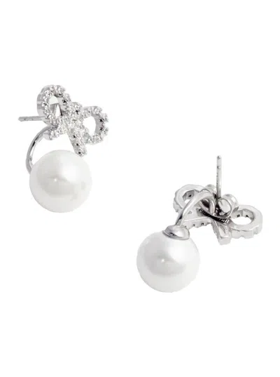 Self-portrait Crystal Bow Pearl Jacket Earrings In Metallic
