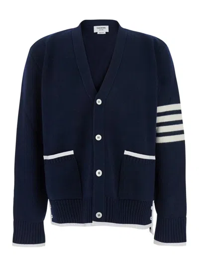 Thom Browne Blue Cardigan With V Neck And Maxi Logo On The Sleeve In Black