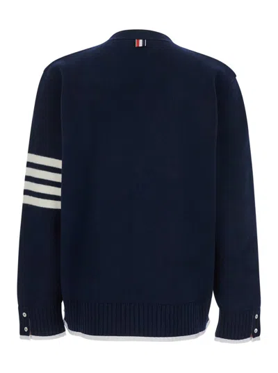 Thom Browne Blue Cardigan With V Neck And Maxi Logo On The Sleeve In Black