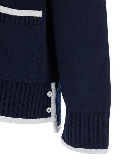 Thom Browne Blue Cardigan With V Neck And Maxi Logo On The Sleeve In Black