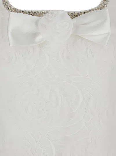 Self-portrait White Mini Dress With Square Neck And Bow Detail On The Front In Tech Fabric Woman In White