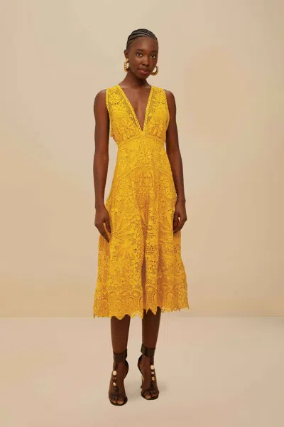 Farm Rio Active Landscape Guipure Mustard Yellow Midi Dress
