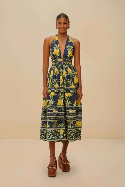 Farm Rio Active Delicate Pineapple Navy Blue Midi Dress Sleeveless