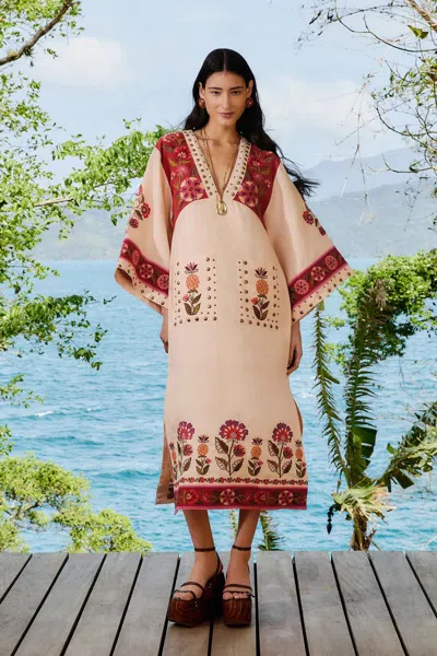 Farm Rio Active Nature Embroidered Cream V Neckline Tunic Maxi Dre
