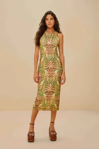 Farm Rio Active Pineapple Tapestry Green Tulle Midi Dress