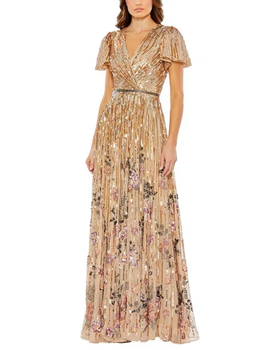 Mac Duggal Sequin Floral Flutter Sleeve Gown In Brown