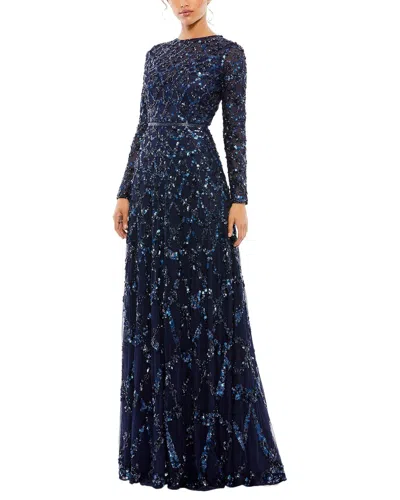 Mac Duggal Embellished Illusion High Neck Long Sleeve A Line Gown In Blue