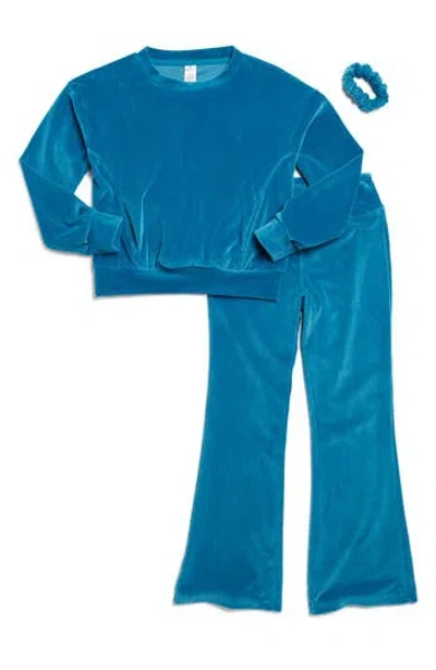 90 Degree By Reflex Kids' Velour Pullover, Flare Pants, & Scrunchie Set In Blue
