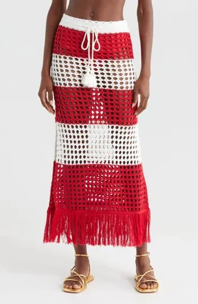 Farm Rio Red Stripes Crochet Cotton Cover-up Maxi Skirt