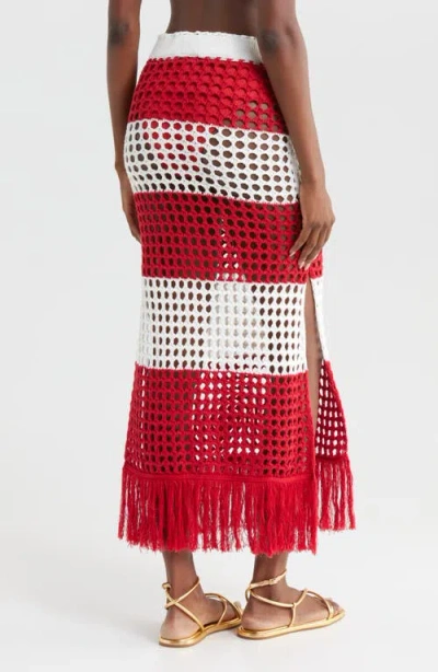 Farm Rio Red Stripes Crochet Cotton Cover-up Maxi Skirt