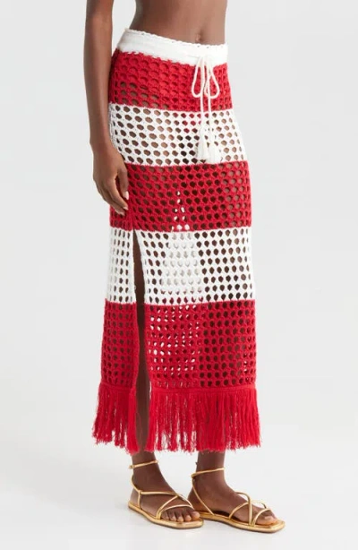 Farm Rio Red Stripes Crochet Cotton Cover-up Maxi Skirt