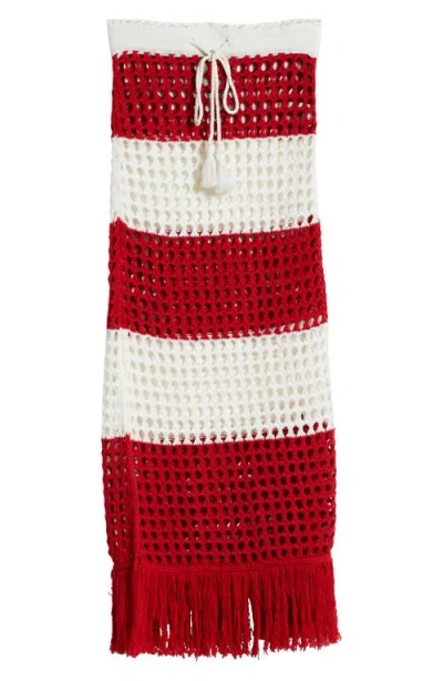 Farm Rio Red Stripes Crochet Cotton Cover-up Maxi Skirt