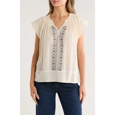Bobeau Embroidered Flutter Sleeve Top In Neutral