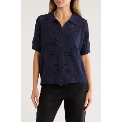Bobeau Floral Short Sleeve Cardigan In Blue