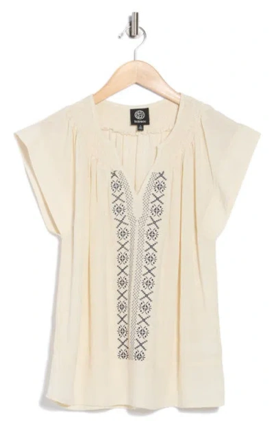 Bobeau Embroidered Flutter Sleeve Top In Neutral