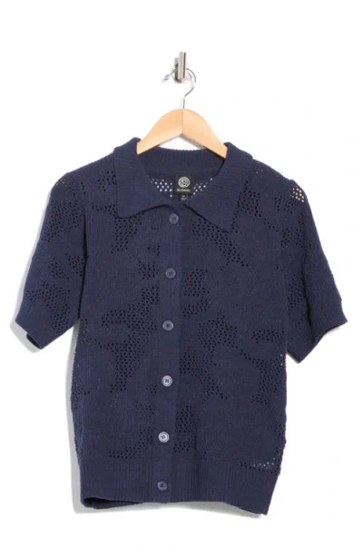 Bobeau Floral Short Sleeve Cardigan In Blue