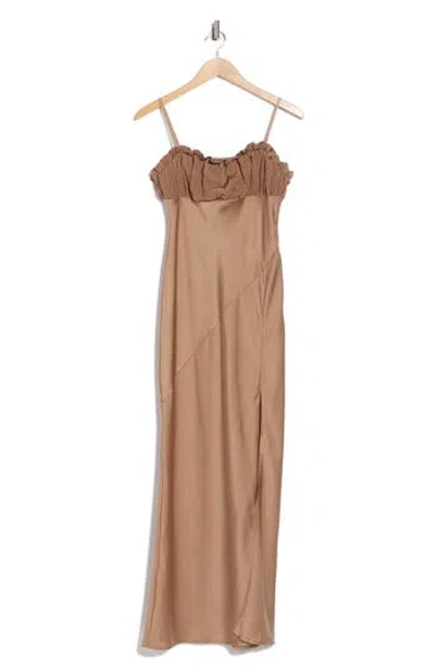 Asos Design Frill Satin Gown In Brown