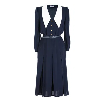 Rua & Rua Women's Blue / White Wool Midi Dress With Wide Silk Collar In Blue